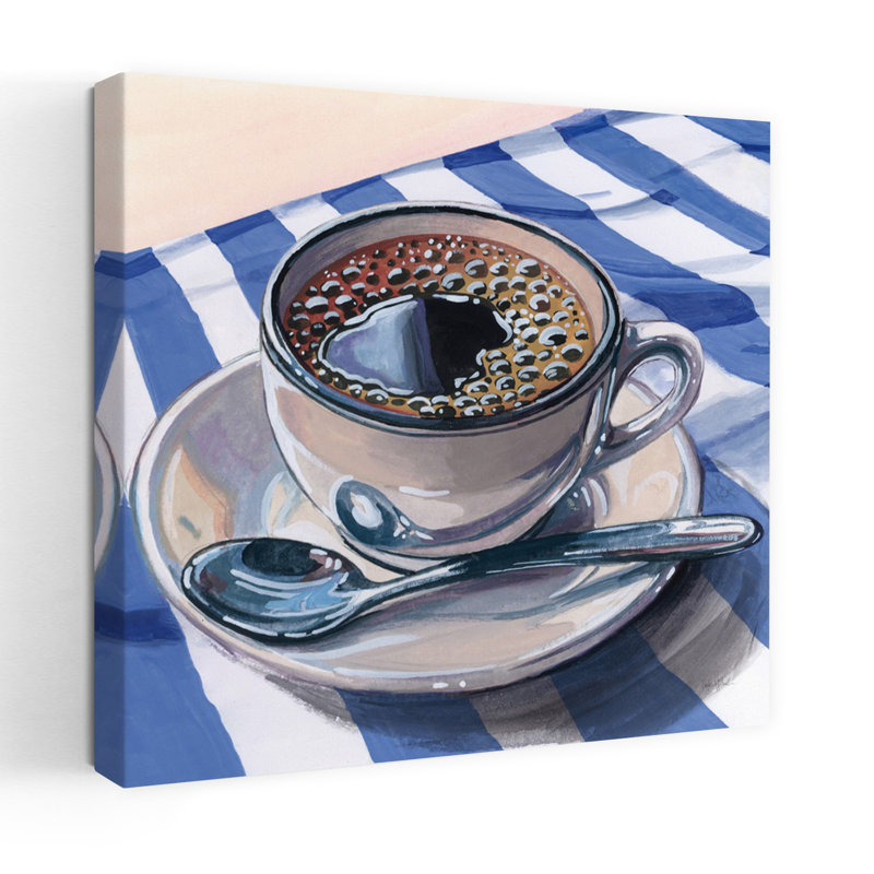 Café noir sur toile rayée, art contemporain, H 18 po x l 18 po