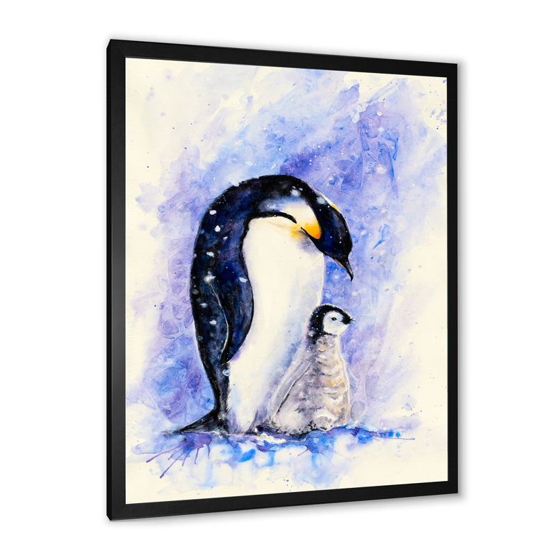 «Royal Penguins Mom with Her Baby», peinture sur toile, Cadre noir, H 20 po x l 12 po x P 1 po