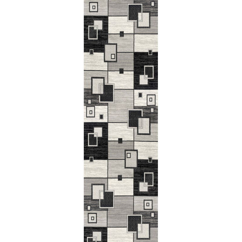 6' Gray And Black Geometric Runner Rug
