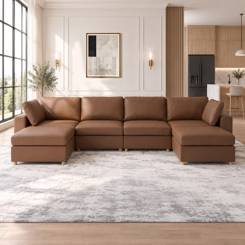 Carrigan Upholstered Sectional with Ottoman, Brown Faux Leather, 4 Seater+2 Ottoman