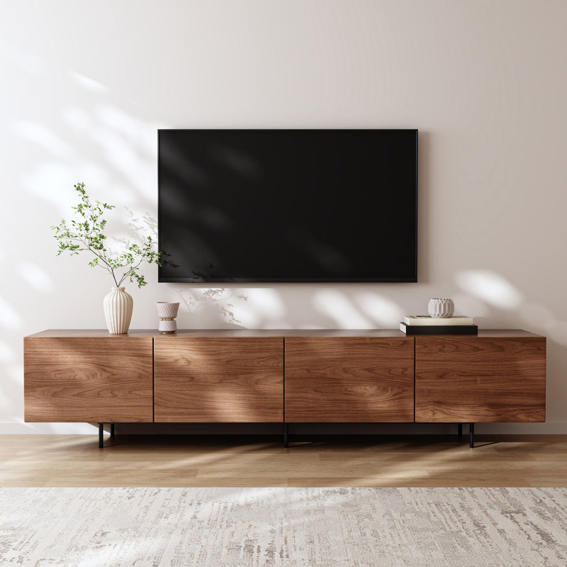 Modern 4-Door TV Stand Storage Credenza, Walnut, 21.7"H x 86.6"W x 15.2"D