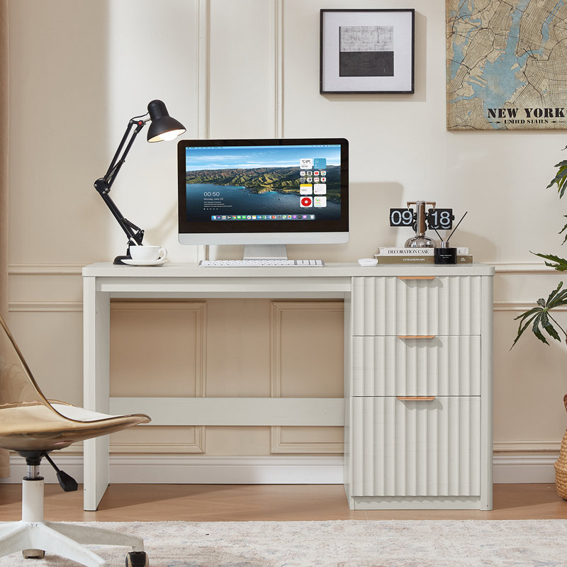 48" Modern Fluted Executive Desk With Storage Cabinet,Wood Home Office Desk With File Drawer & Metal Handles, Large Computer Writing Table For Office,Study, Living Room, Bedroom