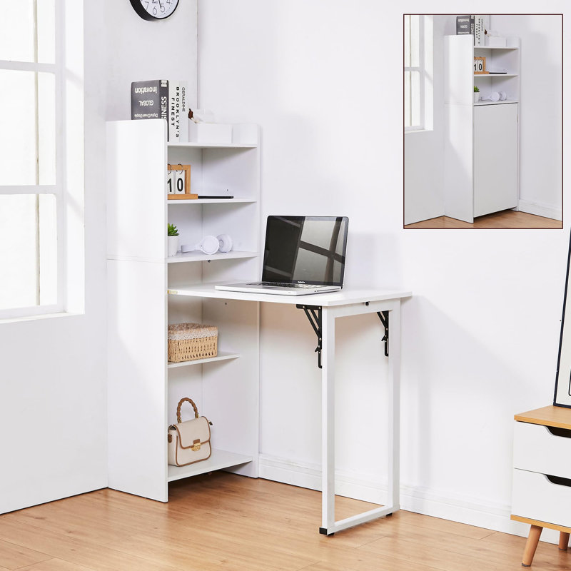 Folding Desk Computer Desk to Bookshelf with Built-in Power Outlet, Anti-Tip Design, Easy-Fold Button, Reinforced Leg Stability, Space-Saving for Home Office Dorm Bedroom Study Room, White