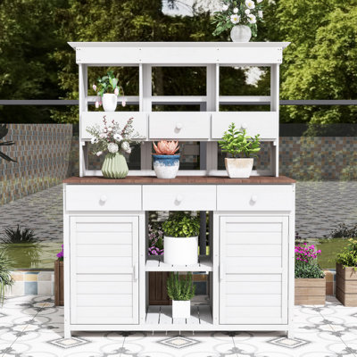 Table de jardin rustique avec huche, 6 tiroirs, tablettes, 2 armoires et crochets latéraux