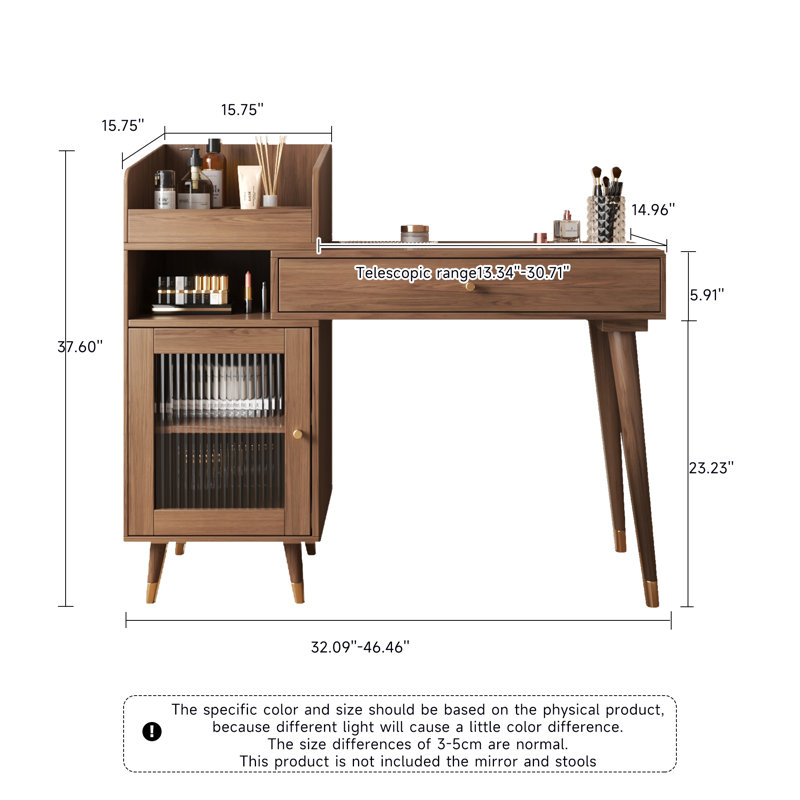  Ismar Walnut Storage Makeup Vanity Adjustable Desk,Dressing Table with Solid Wood Legs, Brown