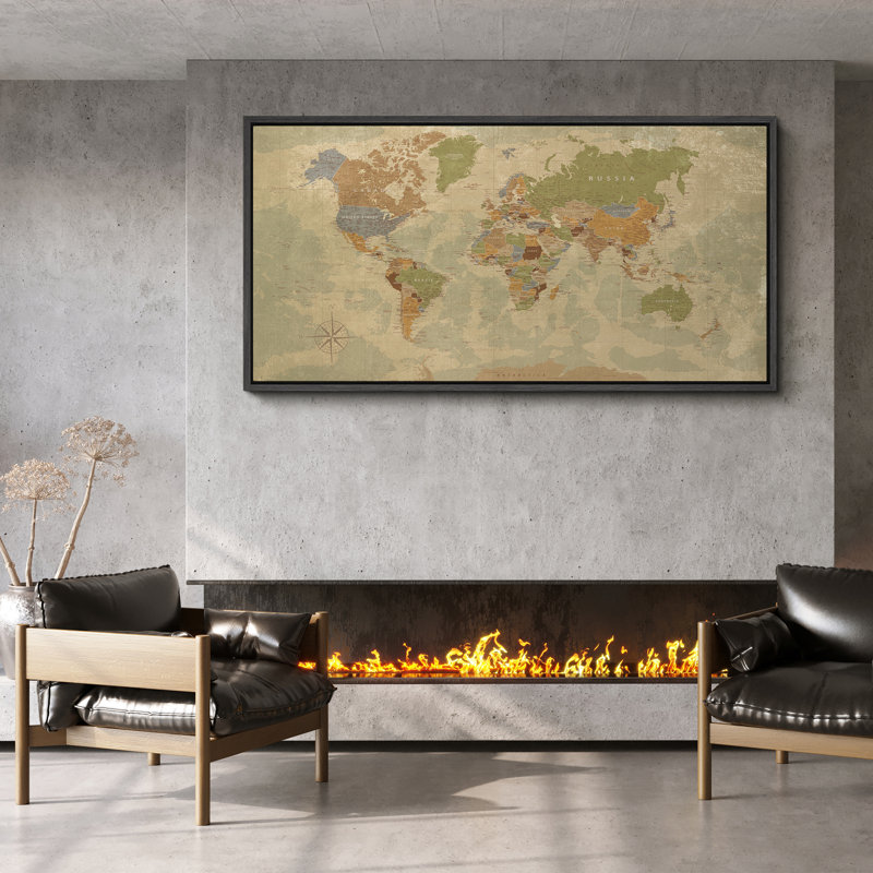 Carte du monde rétro aux tons terreux avec bordures de campagne et boussole - grande impression sur toile encadrée de la chambre principale