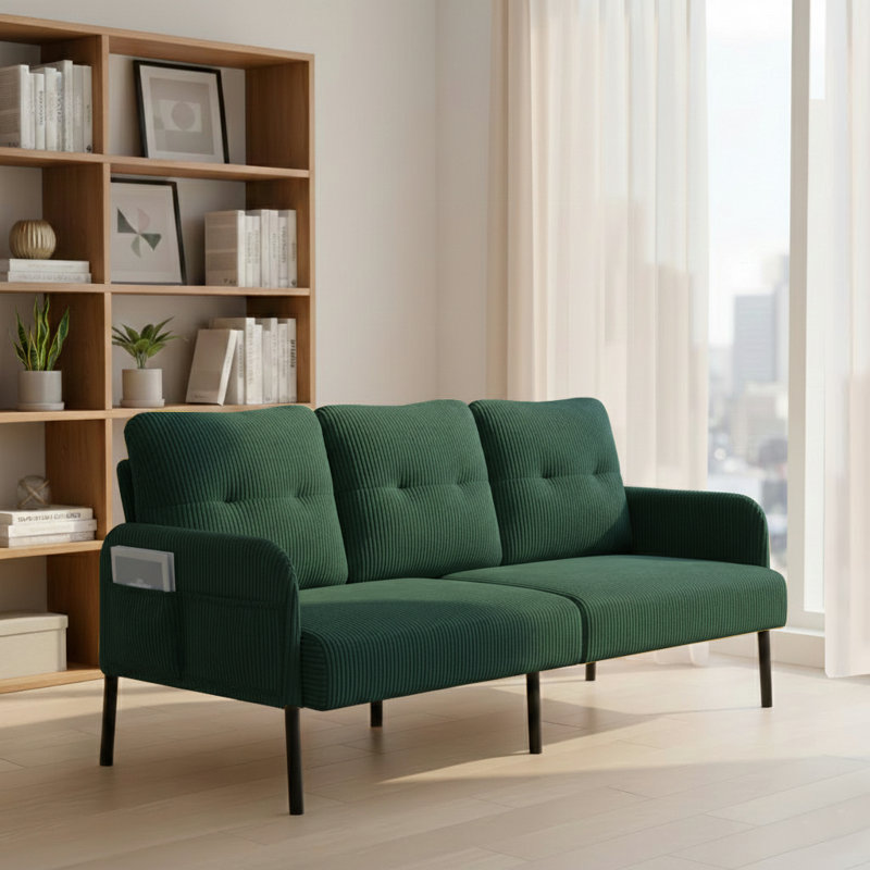Canapé moderne en velours côtelé avec poches latérales et pieds en métal minimalistes, Émeraude