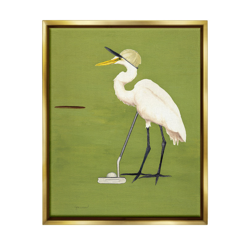 «Golfing Heron Bird» par Christine Reichow sur, Cadre flottant métallique doré, H 31 po x l 25 po