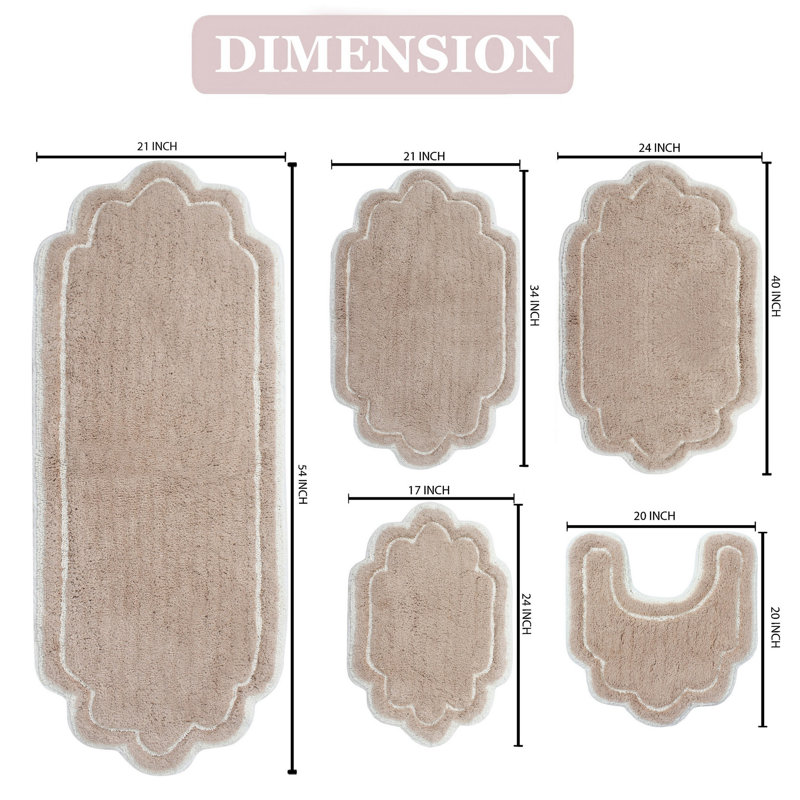 Allure 100 % Cotton Bath Rug - Machine Washable, Quick Dry, Absorbent - 5 Piece Set, Linen