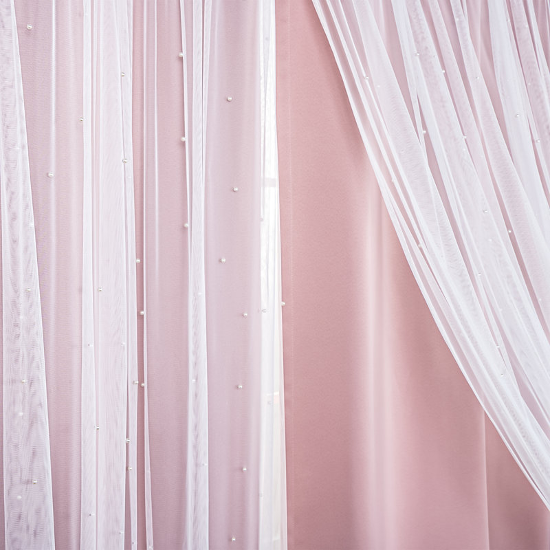 Pearl Beaded Tulle Overlay Room Darkening Grommet Curtains (Set Of 2), 52" W x 96" L , Dusty Pink