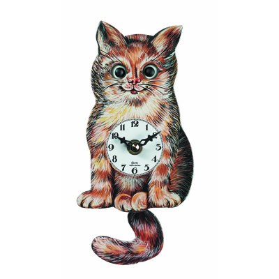  Cat Shaped Quartz Wall Clock with Moving Eyes and Swinging Tail Pendulum 6" H
