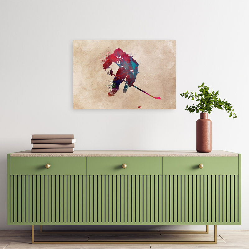 «Dynamic Hockey Player Splash Abstract Contemporary Winter Landscape», reproduction d'art mural, H 16 po x l 24 po