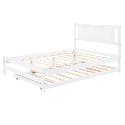 White Full Size Platform Bed With Adjustable Trundle - Made From Pine And For A Build Constructed