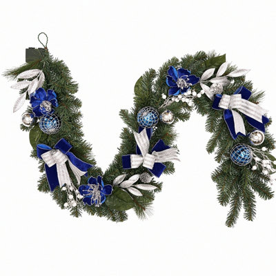 180cm / 70.9in Pre-Lit Blue & Silver Christmas Garland with Ornaments and Bows