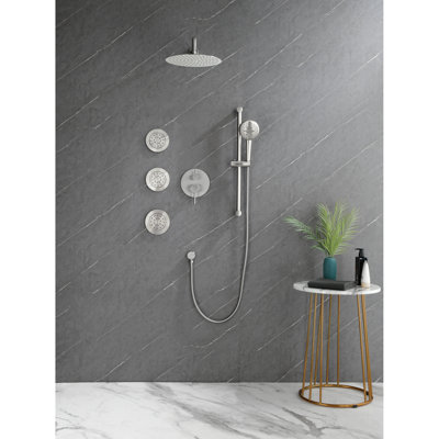 Brushed Nickel Shower Package With Abundant Options. Head, Hand Shower, Slide Bar, Bodysprays, Arm, Hose, Valve Trim, Lever Handles. Self-Cleaning Head For Smooth Water Release. Installation