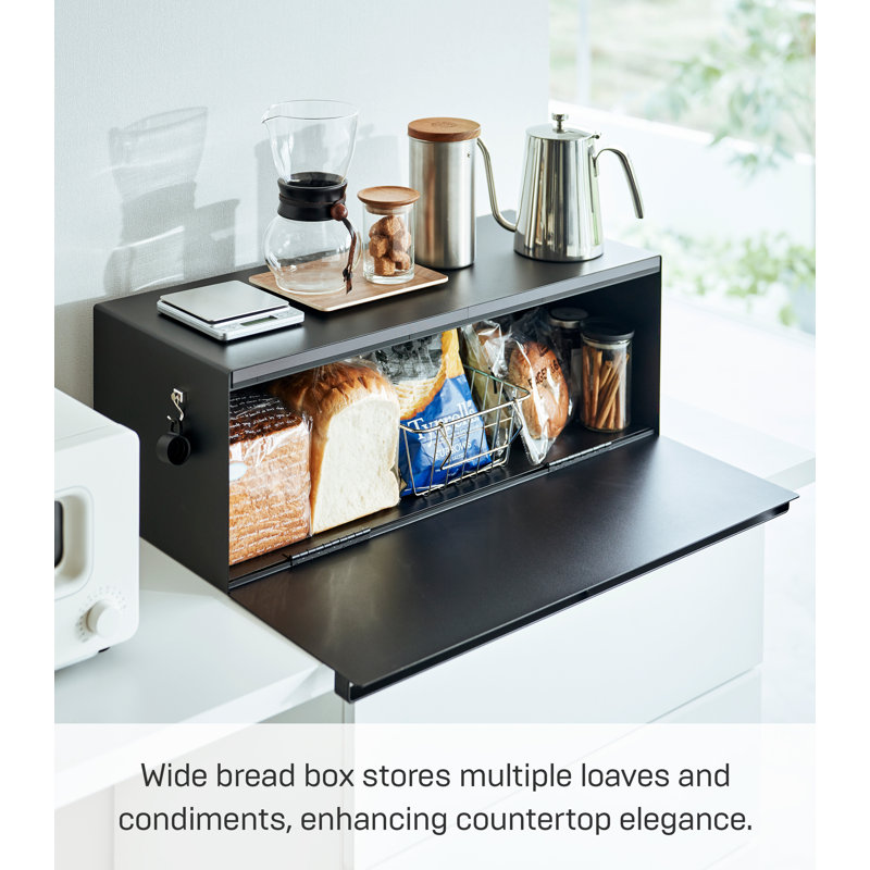 Wide Black Steel Bread Box with Magnetic Door