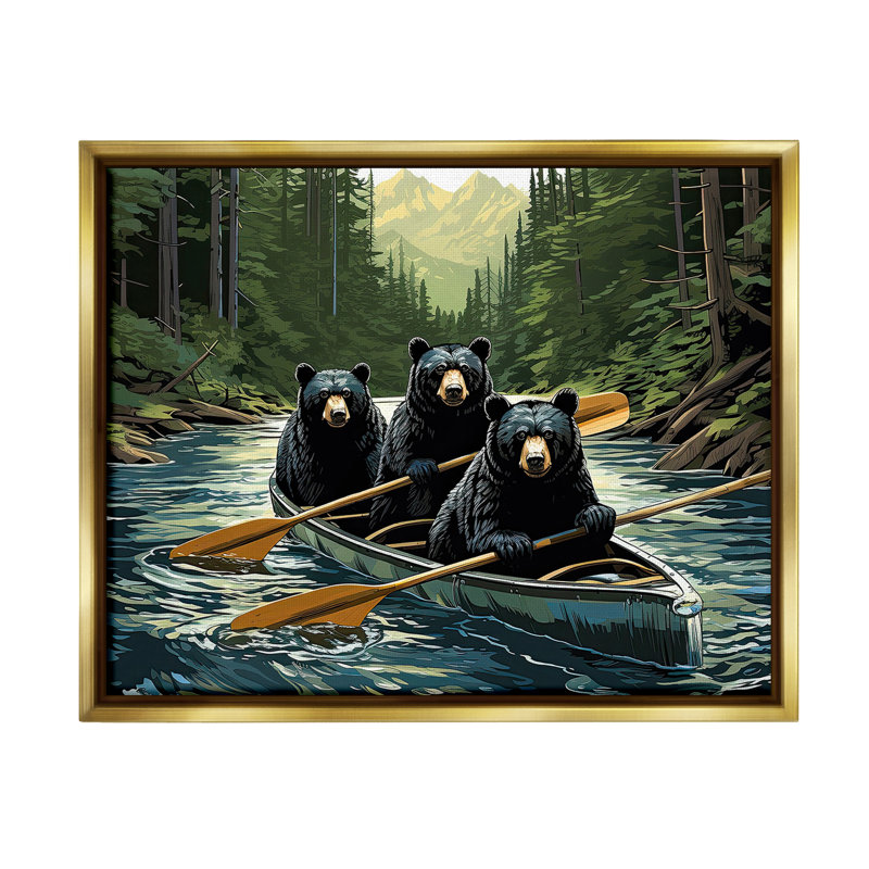 "Woodland Canoeing Bears" par Jim Baldwin sur toile, H 25 po x l 31 po, Cadre flottant métallique doré