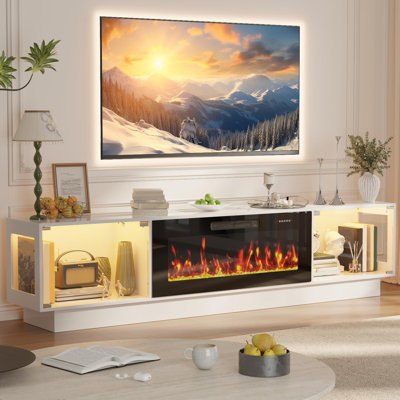 Jerald 80" Fireplace Tv Stand With Electric Fireplace,20 Colors Led Lights Entertainment Center For Living Room,large High Gloss Tv Console Cabinet For Televisions Up To 80+ Inch