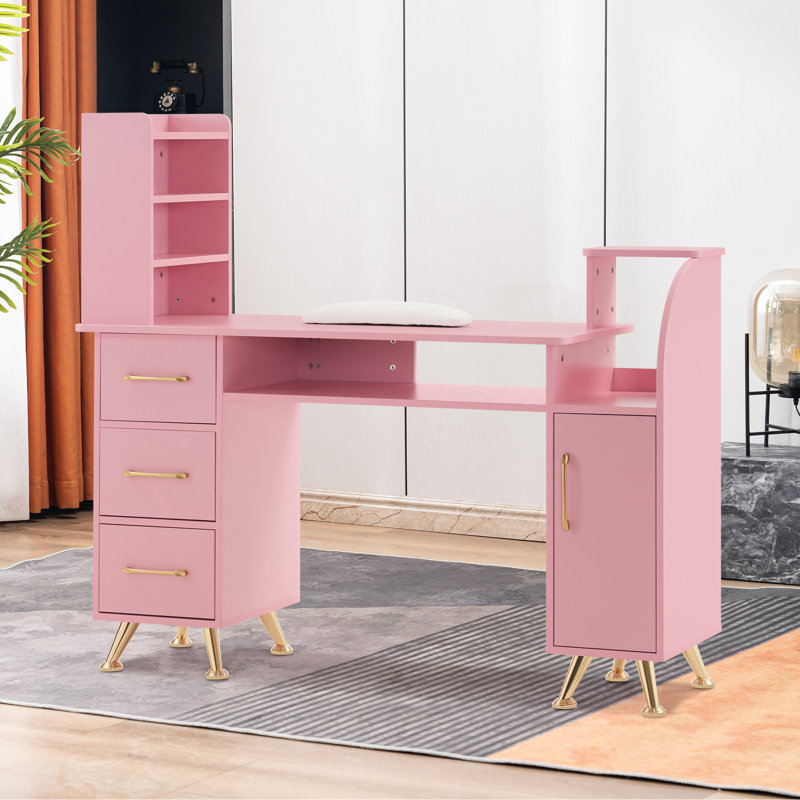 Bureau de maquillage, table de manucure avec tablette et armoire Ingrim, Or / rose