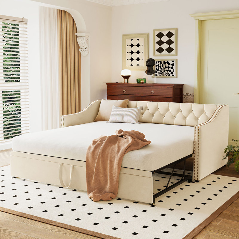 Lit de jour simple tapissier avec couchette escamotable, beige, Beige