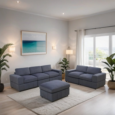 Ensemble de canapé de salon modulaire en microfibre réversible gris foncé 6-Picec avec repose-pieds