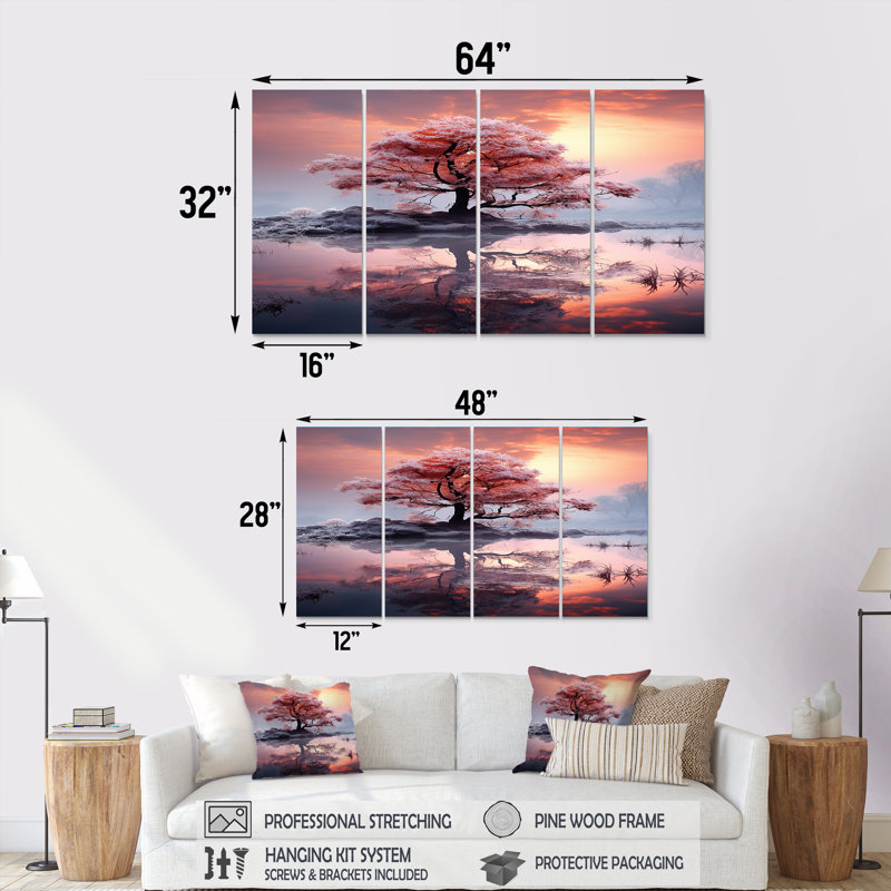 Arbre rose unique en hiver, lac, coucher de soleil, rivière, ensemble de 4 pièces d'art mural, H 32 po x l 64 po