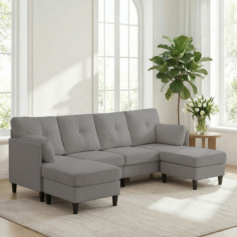 Canapé modulaire en velours côtelé 87 po avec accoudoirs, Gris clair