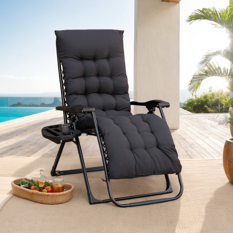 Folding Outdoor Lounge Chair With Cushion&Side Tray - Ideal For Camping, Patio, And Lawn Relaxation, Black