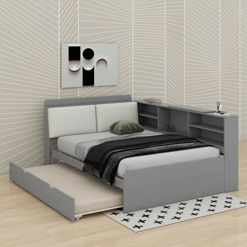 Lit plateforme double avec tablettes, lit gigogne et tête de lit, gris