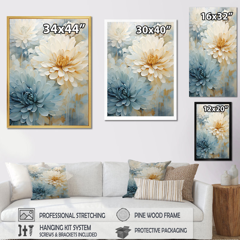 Blooming Mums, peinture en beige et bleu II sur toile, Toile tendue, H 32 po x l 24 po x P 1 po