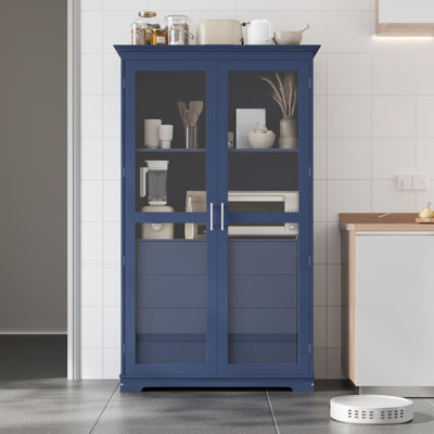 TOPMAX 44.7X20x75inch Kitchen Pantry, Freestanding Kitchen Storage Cabinet Display Cabinet With Glass Doors And 4 Built-In Drawers For Living Room, Home Office, Blue