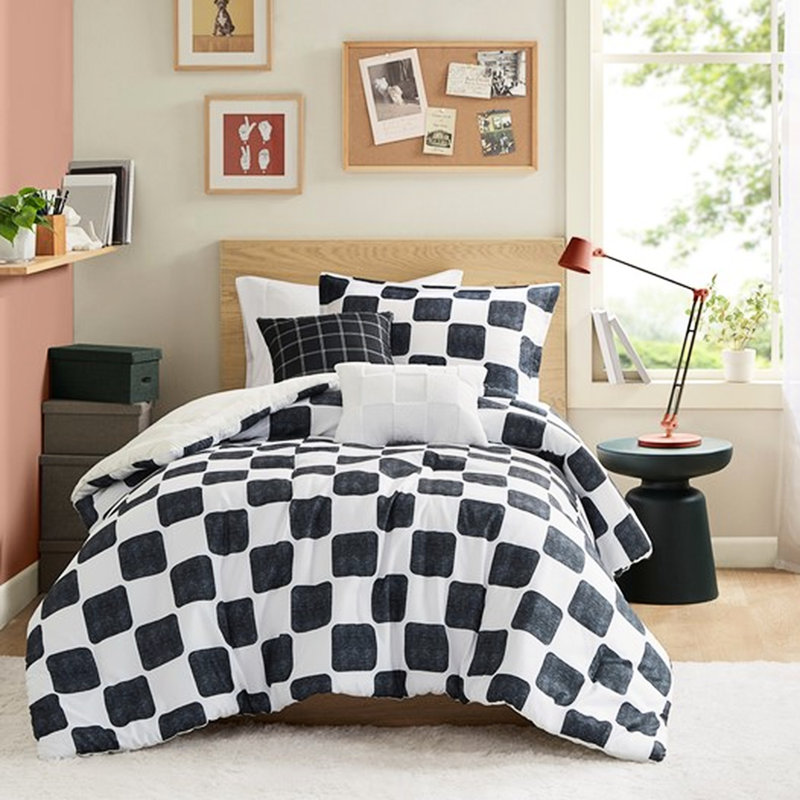 Édredon simple / simple TG en microfibre à carreaux avec rembourrage, - étiqueté, lavable à la machine, 1 édredon, taie décorative, 2 coussins décoratifs, style moderne avec imprimé noir et blanc, coussins décoratifs