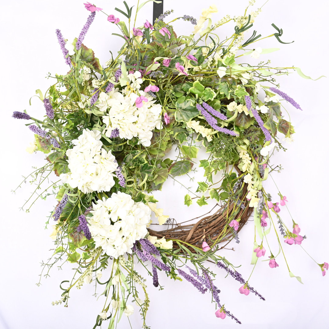 Handcrafted Faux 26'' Hydrangea Floral Wreath for Front Door The Holiday Aisle®