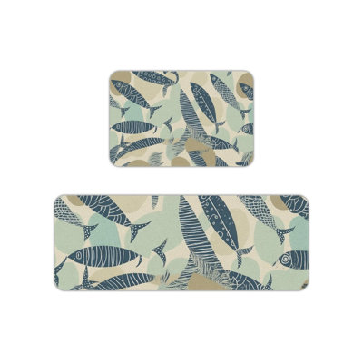 Tapis de cuisine Blue Beige Fish, ensemble de 2, pour cuisine et salle de bain