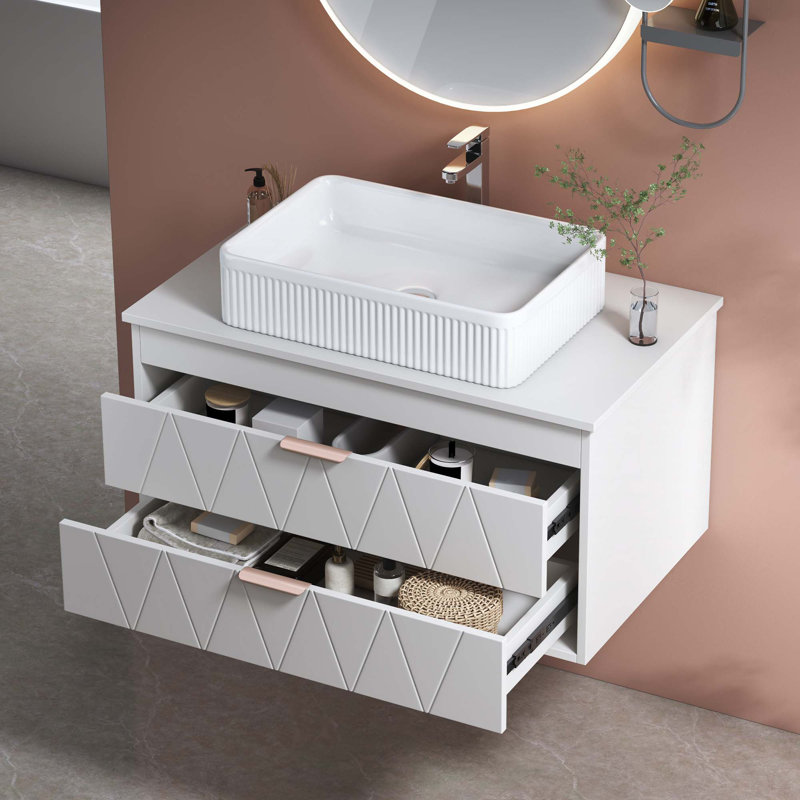 Meuble-lavabo flottant contemporain de 31,5 po avec lavabo vasque en céramique et armoire de rangement - parfait pour les petites salles de bain
