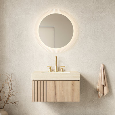 Meuble-lavabo de salle de bain 30 po, armoire flottante avec tiroir et porte, plateau en pierre frittée, lavabo en céramique 3 trous, comptoir en chêne blanc, effet