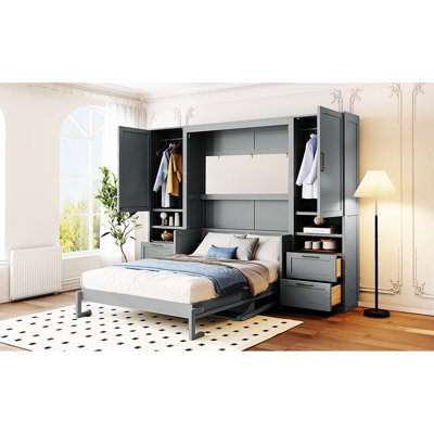 Gray, Full Size, Wall Bed, Side Flip, Integrated Shelving Units, Home Office, Functionality, Keep Space Neat, Customizable Design Under - Bed Shelf, Guest Room, Style, Function, Essentials In , Layout