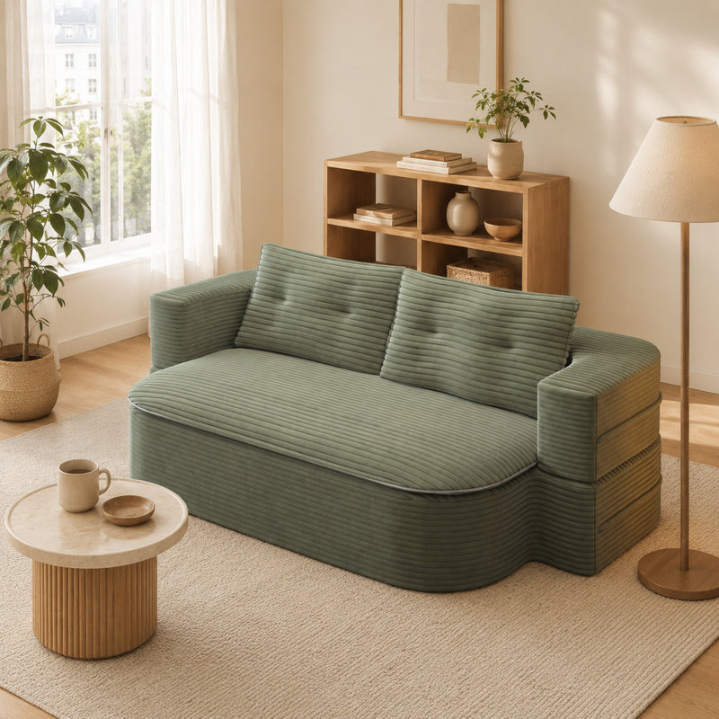 Canapé-lit 2 en 1 en velours côtelé pliable avec oreillers et couverture, Vert