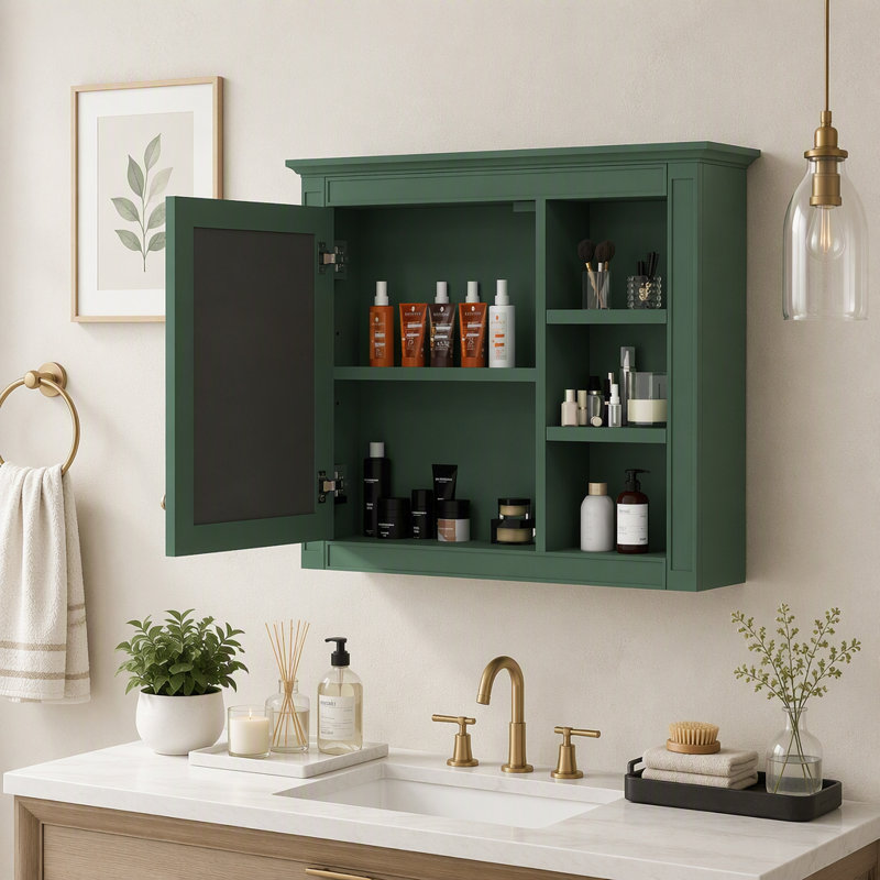 Armoire à pharmacie murale moderne pour salle de bain avec miroir et 3 tablettes ouvertes (meuble-lavabo non inclus)., Vert