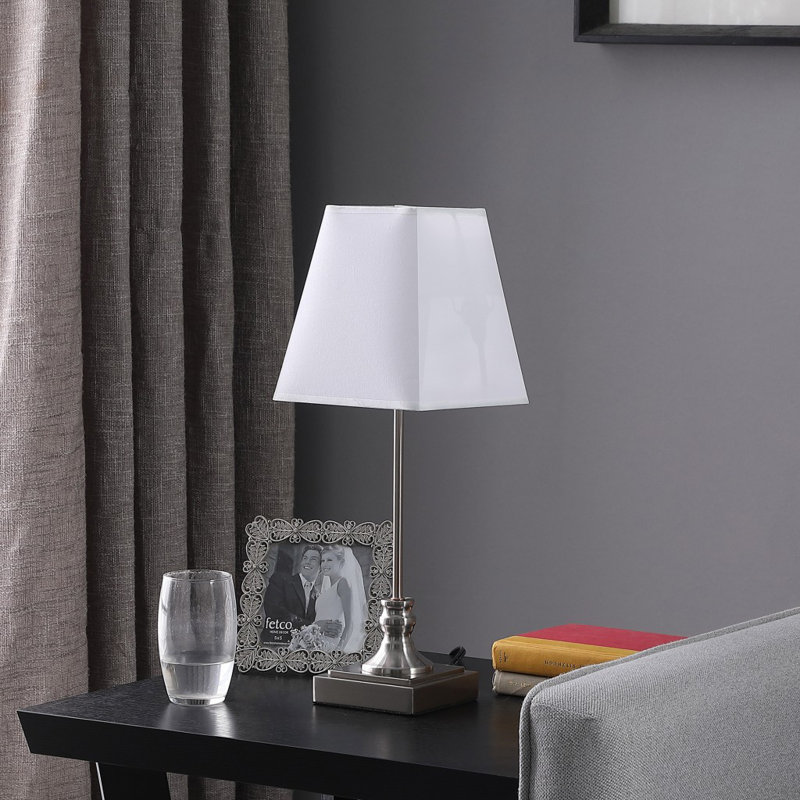Brushed Silver Metal Table Lamp with White Linen Shade