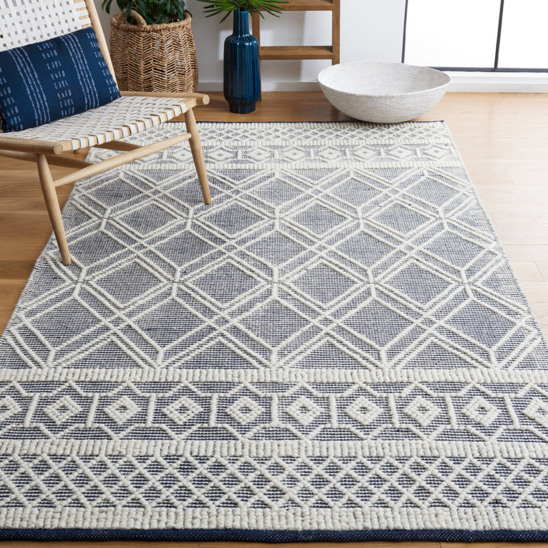 Tapis en laine / coton tissé à la main jacquard de style sud-ouest bleu marine / ivoire Jacques, Rectangle 5 pi x 8 pi