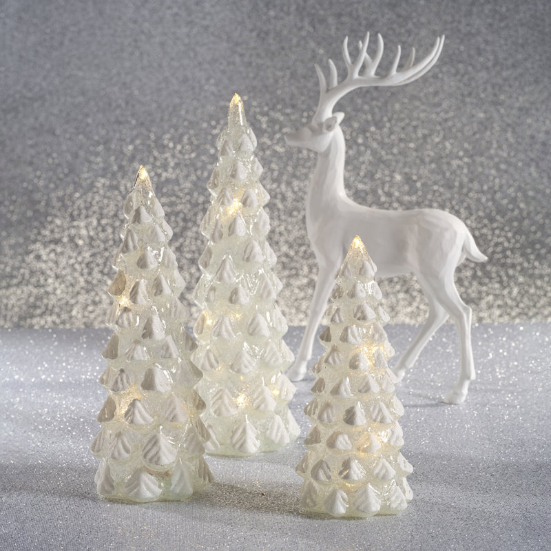 Mireille 2-Piece Set LED Snow Tabletop Trees, 10.25" H x 4" W x 4" D