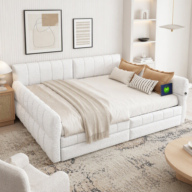 Grand lit plateforme tapissier avec USB et 2 tiroirs, blanc, Grand lit, Blanc, 2 tiroirs