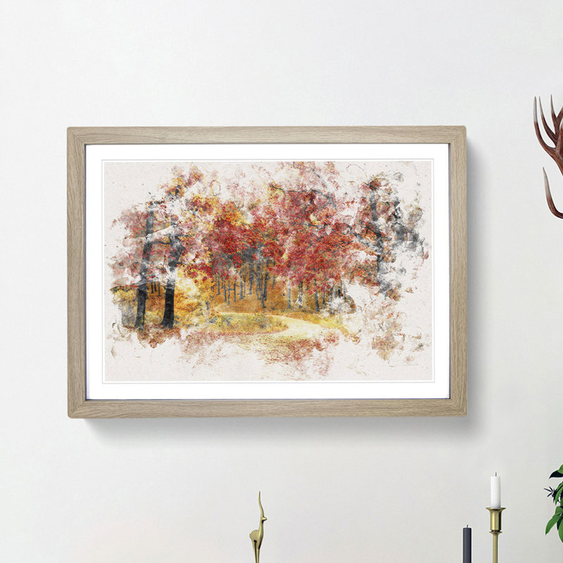 Path Through the Forest at Autumn - Picture Frame Painting Print, Oak Framed, 62cm H x 87cm W x 2cm D