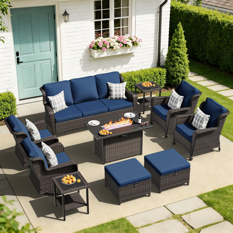 Ensemble de conversation de patio en osier 10 pièces avec table de foyer et coussins bleus, Bleu
