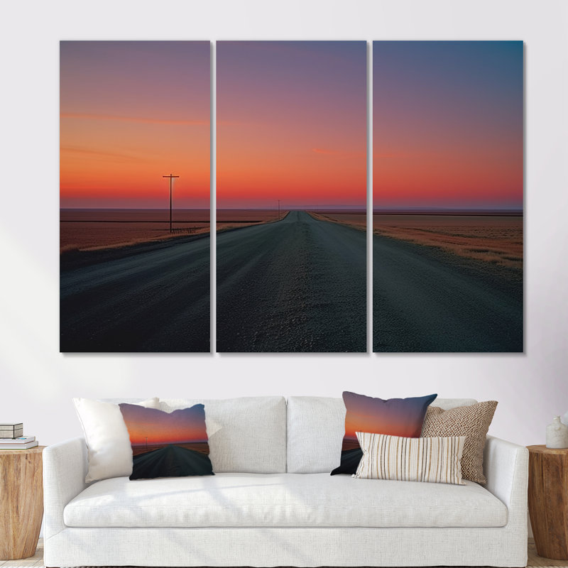 «Sunset Road Landscape I», ensemble d'art mural, Toile tendue, H 32 po x l 48 po x P 1 po
