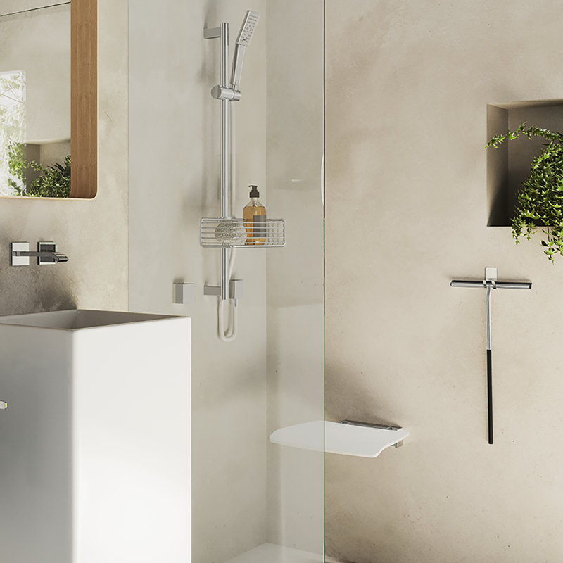 Chaise de douche murale pliante en acier inoxydable poli et siège blanc , Chrome poli/blanc