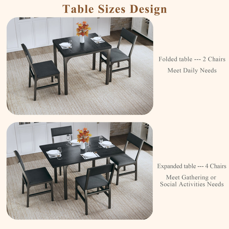 Foldable Dining Table Set Extendable Wood Top, Black, 30.3" H x 47.2" L x 31.5" W, 5 Pieces: Table, 4 Chairs