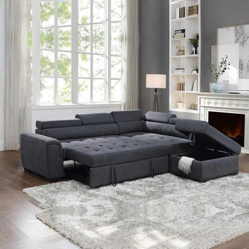 Canapé-lit modulaire en tissu 97 po avec repose-tête réglable et repose-pieds avec rangement 97 po, gris foncé