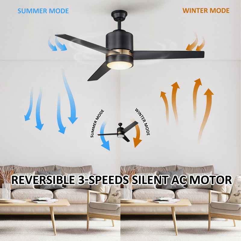 52'' Ceiling Fan with LED Lights, Black, Black